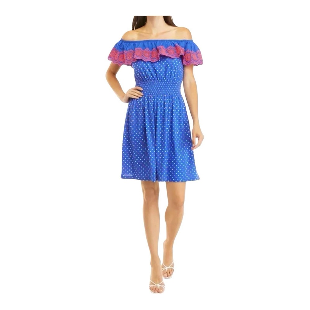 NWOT Lilly Pulitzer Kalama Off Shoulder Ruffle Smocked Dress Size L Blue Squared